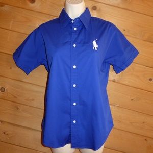 Ralph Lauren Golf Dark Blue Button Up Big Pony Logo Shirt Blouse Short Sleeve
